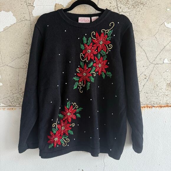 Vtg 90s Christmas Sweater Poinsettias Retro Holiday Embroidered Ugly XMAS XL - Picture 1 of 10